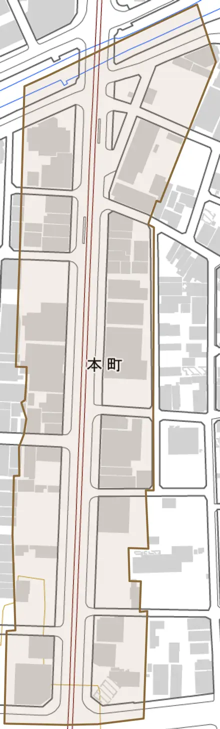 本町とその周辺の地図。町の範囲を重ねている