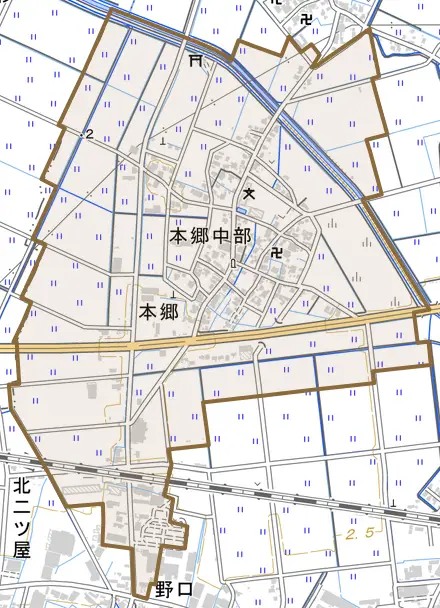 本郷とその周辺の地図。町の範囲を重ねている