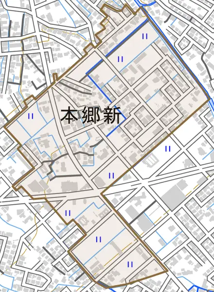 本郷新とその周辺の地図。町の範囲を重ねている