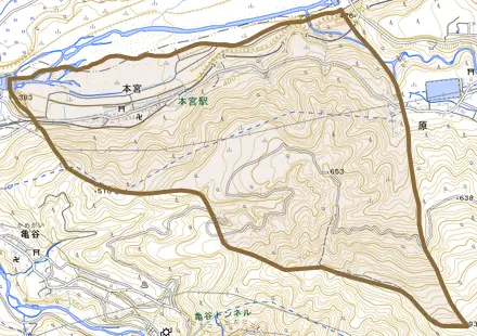 本宮とその周辺の地図。町の範囲を重ねている