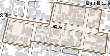 堀端町とその周辺の地図。町の範囲を重ねている