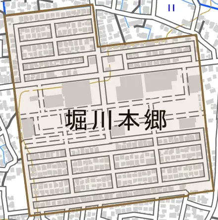 堀川本郷とその周辺の地図。町の範囲を重ねている