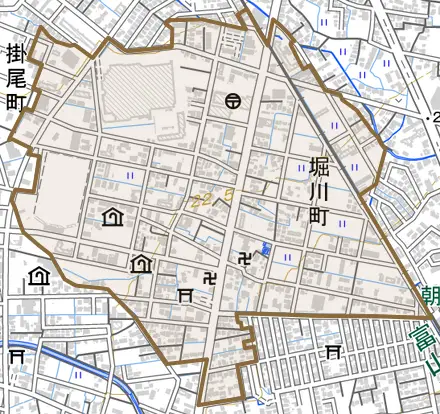 堀川町とその周辺の地図。町の範囲を重ねている