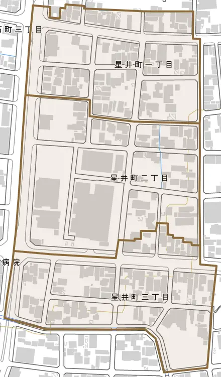 星井町とその周辺の地図。町の範囲を重ねている