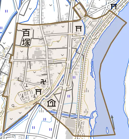 百塚とその周辺の地図。町の範囲を重ねている