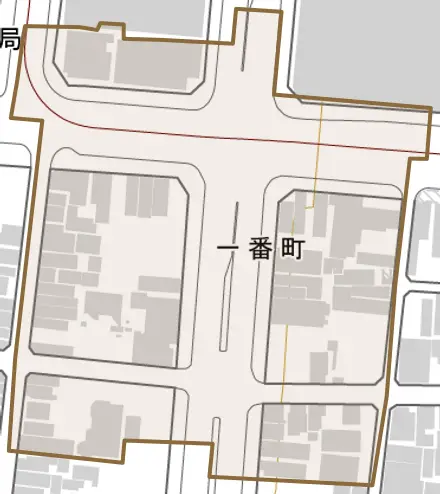 一番町とその周辺の地図。町の範囲を重ねている