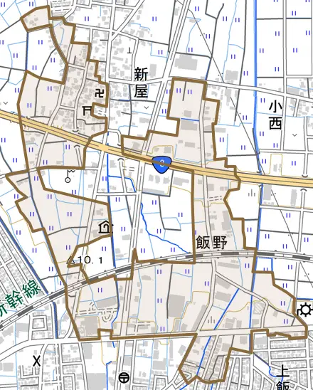 飯野とその周辺の地図。町の範囲を重ねている