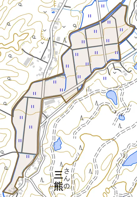 池多とその周辺の地図。町の範囲を重ねている