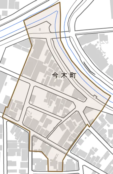 今木町とその周辺の地図。町の範囲を重ねている