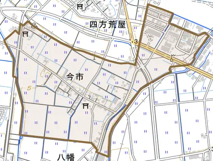 今市とその周辺の地図。町の範囲を重ねている