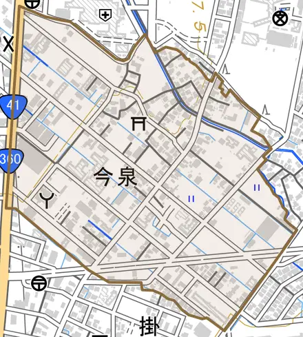 今泉とその周辺の地図。町の範囲を重ねている