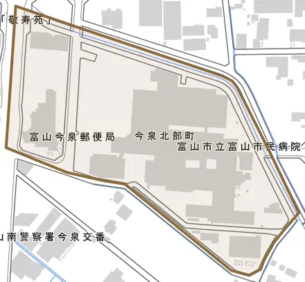 今泉北部町とその周辺の地図。町の範囲を重ねている