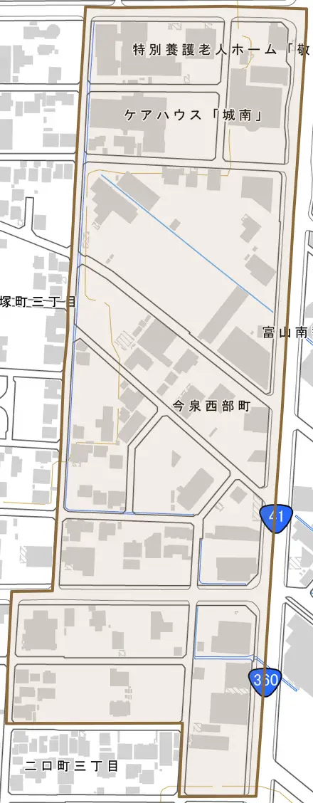 今泉西部町とその周辺の地図。町の範囲を重ねている