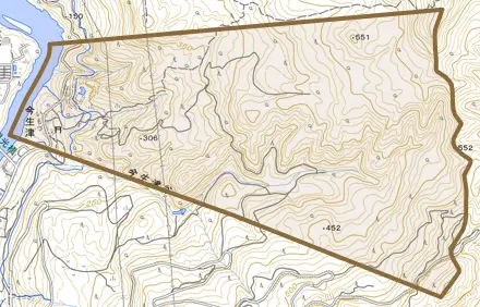 今生津とその周辺の地図。町の範囲を重ねている