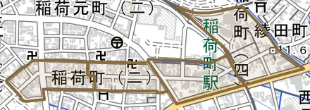 稲荷町とその周辺の地図。町の範囲を重ねている