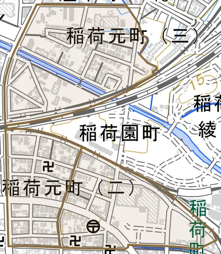 稲荷元町とその周辺の地図。町の範囲を重ねている