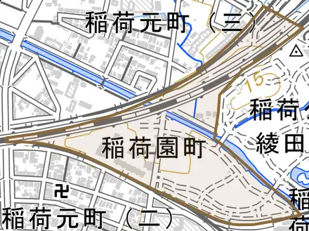 稲荷園町とその周辺の地図。町の範囲を重ねている