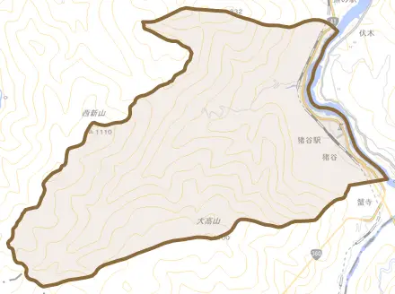 猪谷とその周辺の地図。町の範囲を重ねている