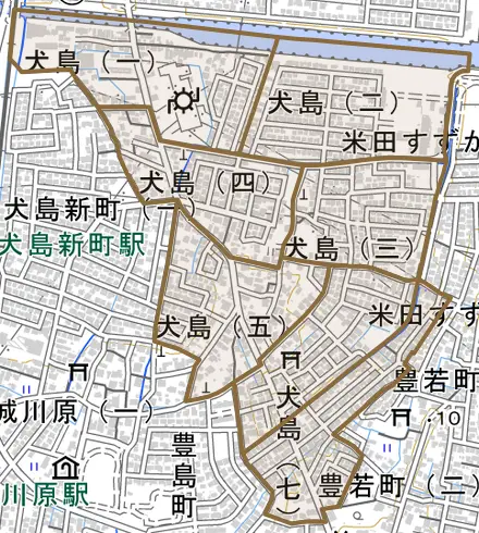 犬島とその周辺の地図。町の範囲を重ねている