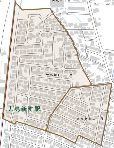 犬島新町とその周辺の地図。町の範囲を重ねている