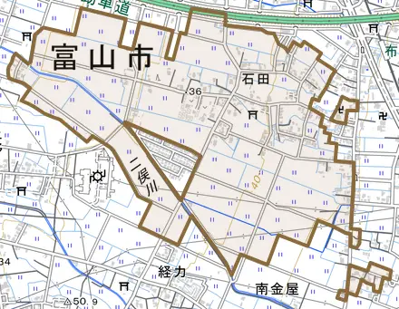 石田とその周辺の地図。町の範囲を重ねている
