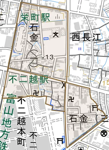 石金とその周辺の地図。町の範囲を重ねている