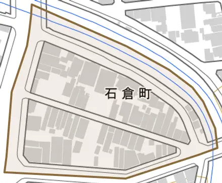 石倉町とその周辺の地図。町の範囲を重ねている