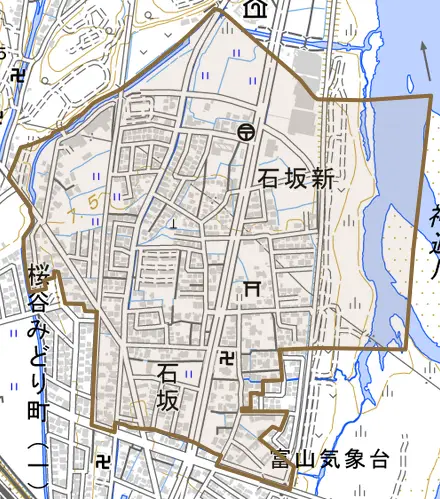石坂とその周辺の地図。町の範囲を重ねている
