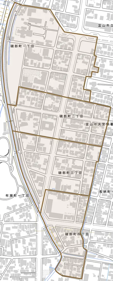 磯部町とその周辺の地図。町の範囲を重ねている