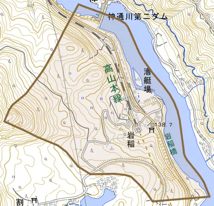 岩稲とその周辺の地図。町の範囲を重ねている