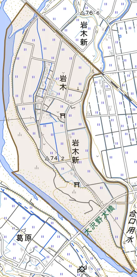 岩木とその周辺の地図。町の範囲を重ねている