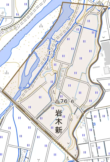 岩木新とその周辺の地図。町の範囲を重ねている