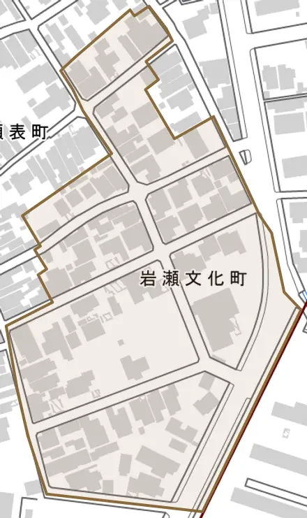 岩瀬文化町とその周辺の地図。町の範囲を重ねている