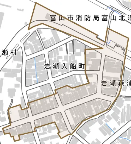 岩瀬萩浦町とその周辺の地図。町の範囲を重ねている
