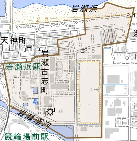 岩瀬古志町とその周辺の地図。町の範囲を重ねている