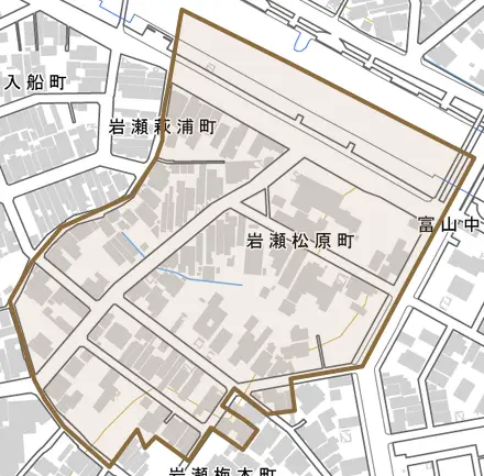 岩瀬松原町とその周辺の地図。町の範囲を重ねている