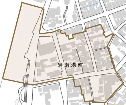 岩瀬港町とその周辺の地図。町の範囲を重ねている