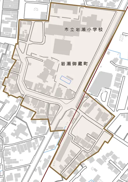 岩瀬御蔵町とその周辺の地図。町の範囲を重ねている
