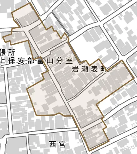岩瀬表町とその周辺の地図。町の範囲を重ねている
