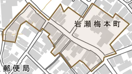 岩瀬梅本町とその周辺の地図。町の範囲を重ねている