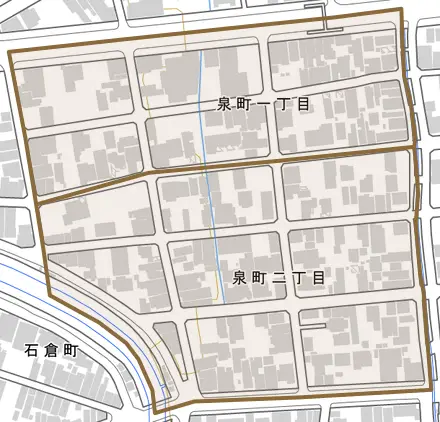 泉町とその周辺の地図。町の範囲を重ねている