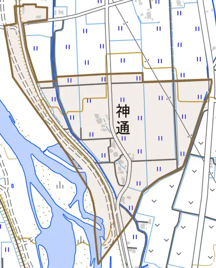 神通とその周辺の地図。町の範囲を重ねている