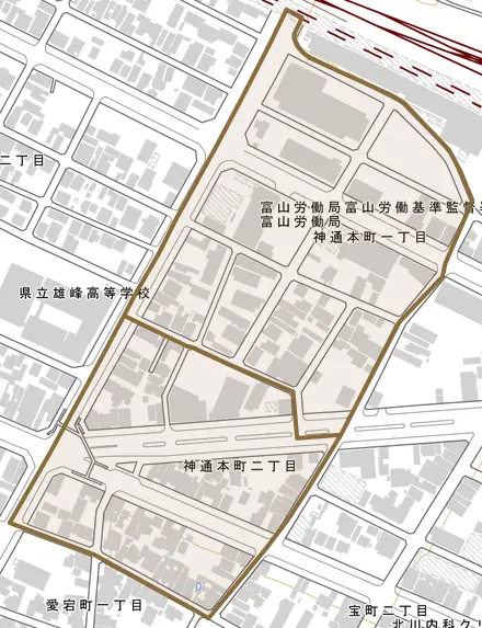 神通本町とその周辺の地図。町の範囲を重ねている
