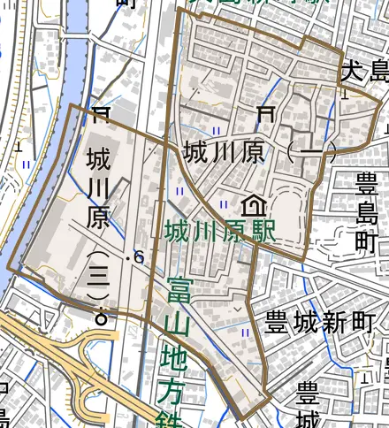 城川原とその周辺の地図。町の範囲を重ねている