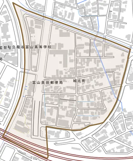 城北町とその周辺の地図。町の範囲を重ねている
