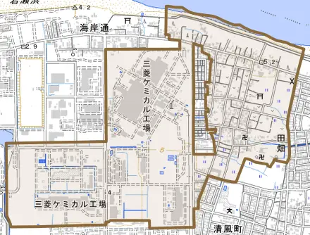海岸通とその周辺の地図。町の範囲を重ねている