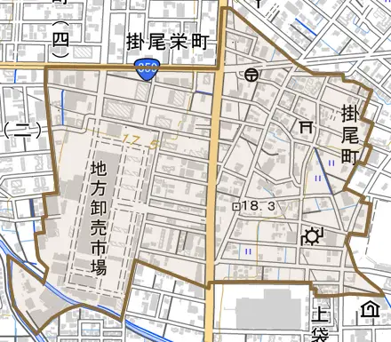 掛尾町とその周辺の地図。町の範囲を重ねている