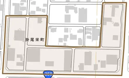 掛尾栄町とその周辺の地図。町の範囲を重ねている