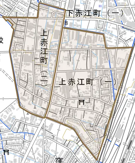 上赤江町とその周辺の地図。町の範囲を重ねている