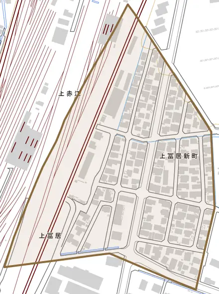 上冨居新町とその周辺の地図。町の範囲を重ねている